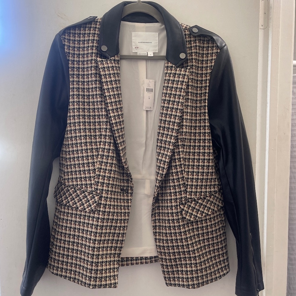 Brand new Anthropologie Blazer- color black motif with leather style arms